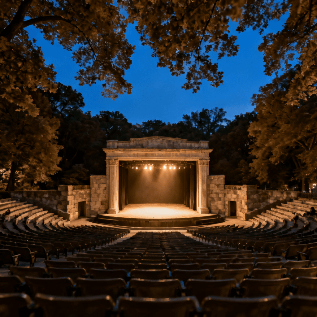 Open-air amphitheatre at twilight with classical proscenium stage, summer foliage canopy, and tiered audience seating