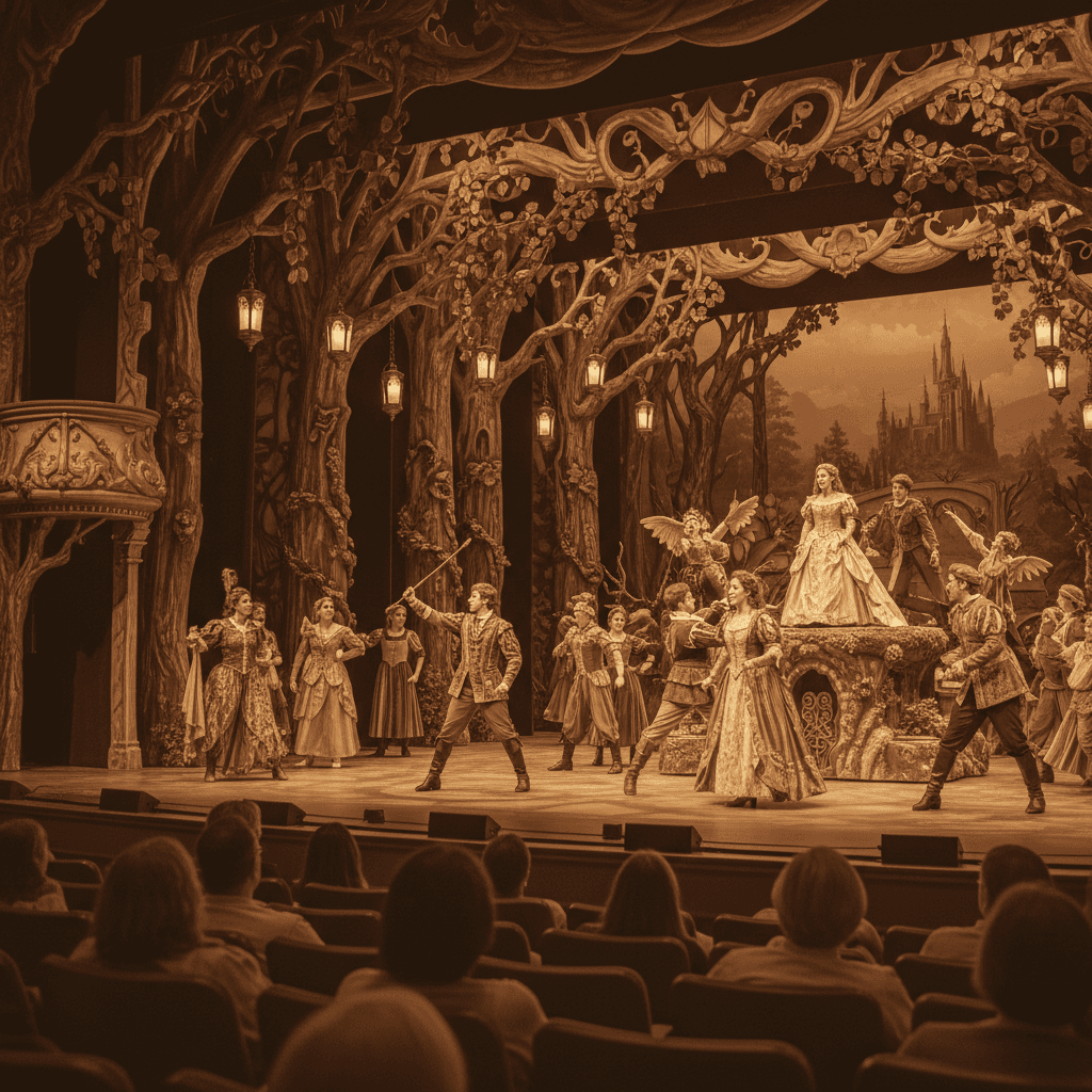 A touring musical production on stage with ornate fairy-tale forest scenery and performers in period costume, audience visible in soft focus