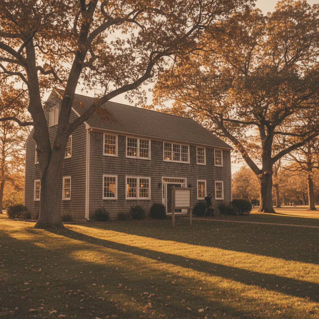 A New England regional theatre center exterior at golden hour — converted 19th-century shingled building under mature oak trees