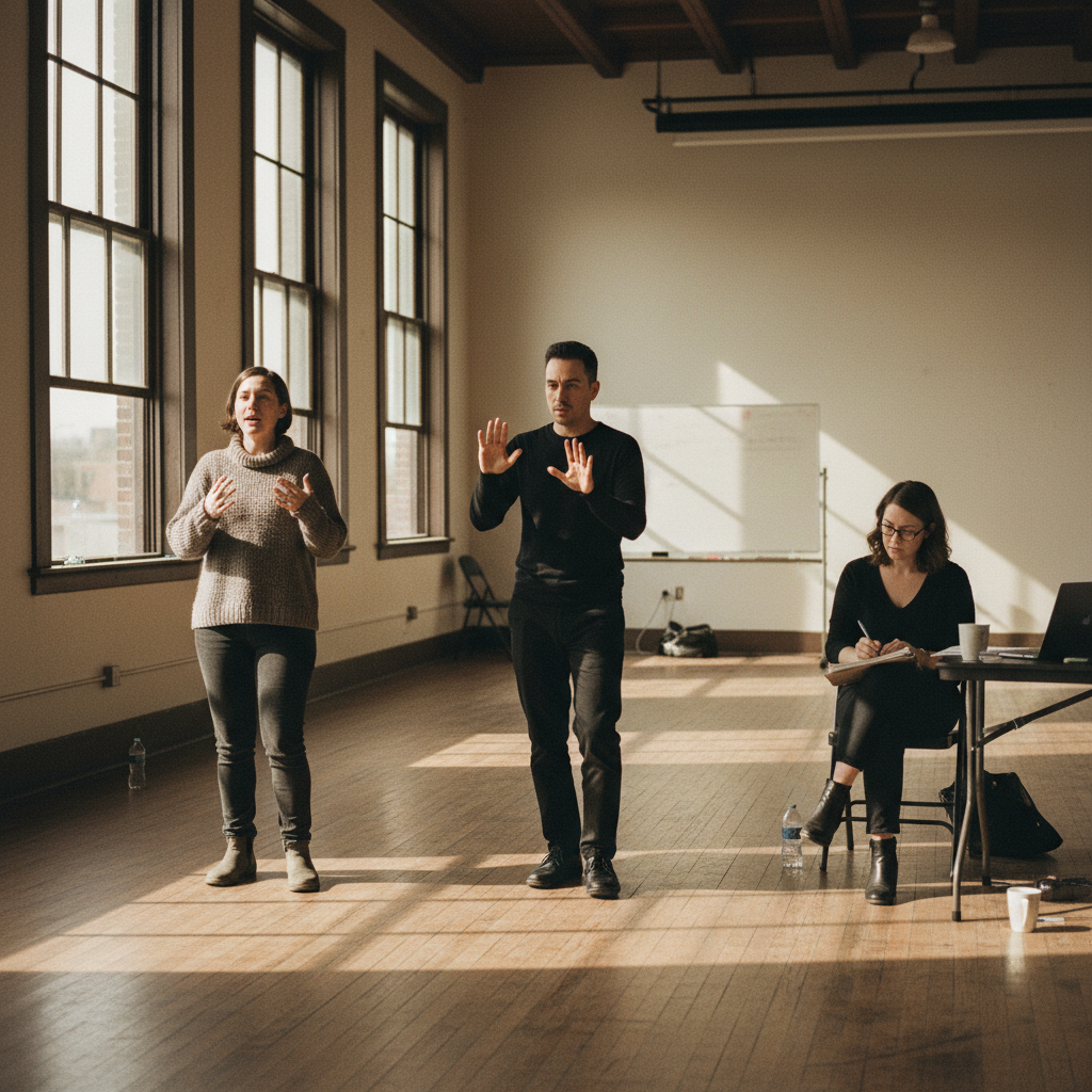 A Deaf actor mid-monologue with a CDI mirroring the line in solid black at center and a hearing director seated taking notes, in a daylit regional-theatre rehearsal hall