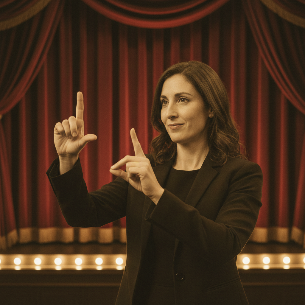 A professional ASL interpreter in solid black attire signing in front of deep red velvet Broadway curtains, lit by warm tungsten footlights