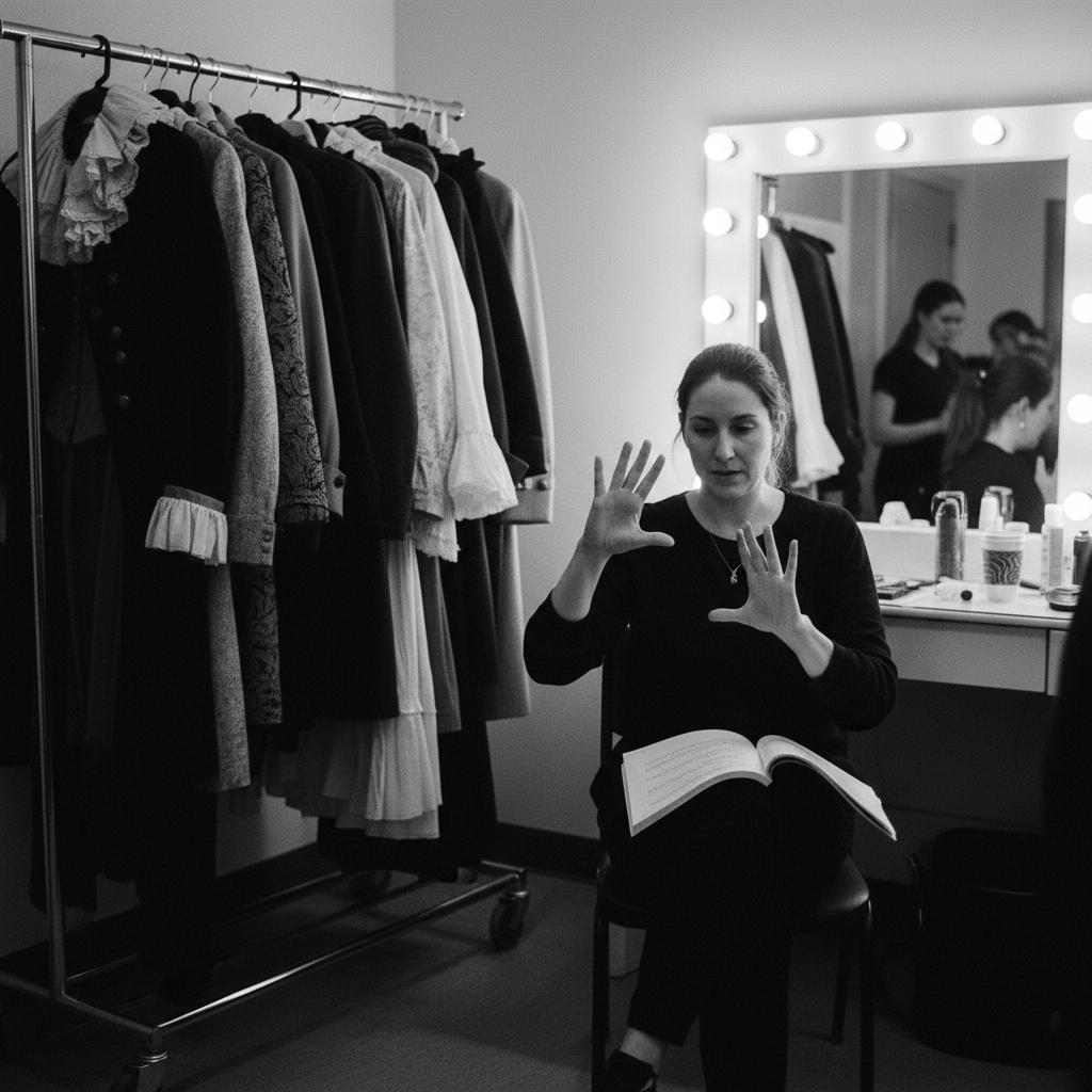 An ASL interpreter preparing in a touring production dressing room, costume rack and lit vanity mirror behind, in black and white