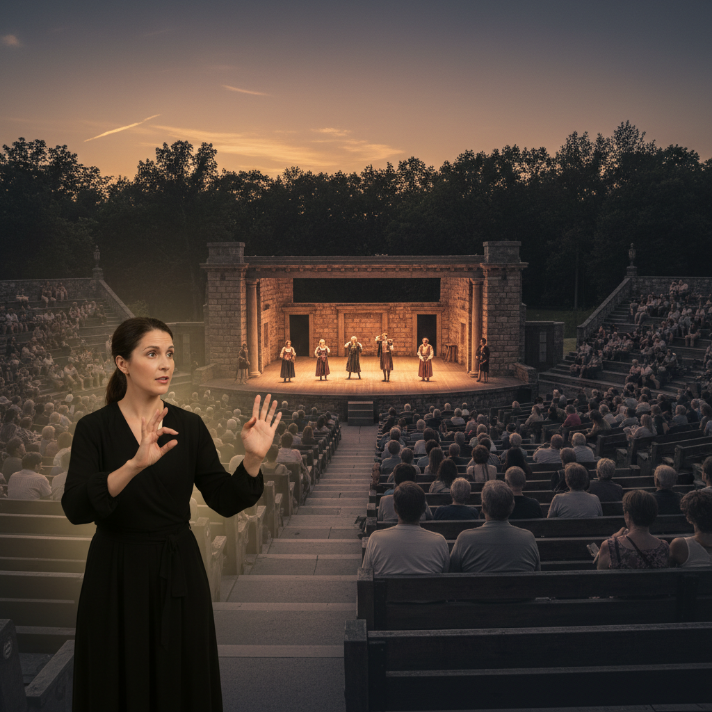 An ASL interpreter at house left signing during a Shakespeare in the Park style outdoor amphitheatre performance, with tiered audience seating at twilight